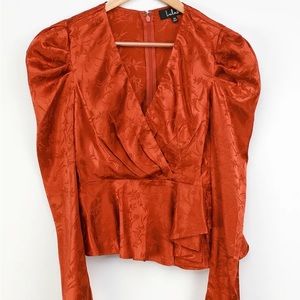 Lulus Adoration Rust Orange Satin Jacquard Puff Sleeve Top